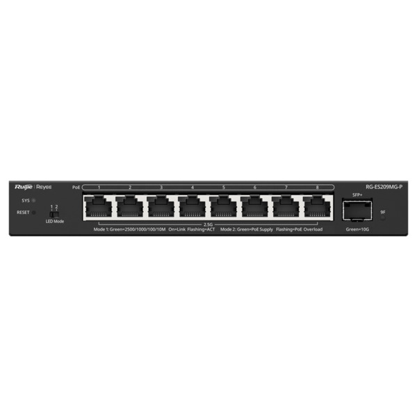 REYEE RG-ES209MG-P Reyee Switch PoE Cloud Capa 2 - 8 puertos PoE MultiGigabit+ 1 10Gbps SFP+ -  PoE 802.3af/at hasta 30w / Máxim (1)
