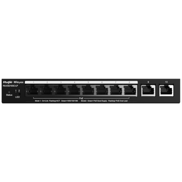 REYEE RG-ES210GC-LP Reyee Switch PoE Cloud Gestionable - 8 puertos PoE 802.3af/at + 2 Uplink RJ45 - 8 RJ45 10/100/1000Mbps + 2 R