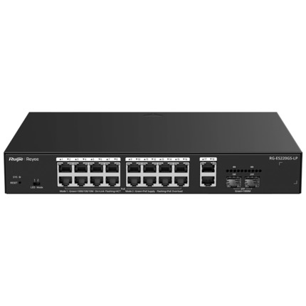 Comprar REYEE RG-ES220GS-LP Reyee Switch PoE Cloud Gestionable - 16 PoE 802.3af/at + 2 SFP + 2 uplink RJ45 - 18 RJ45 10/100/1000Mbps + 2 SFP 10/100/1000 - 30W por puerto 802.3af/at / Máximo 130W - VLAN/Port Isolation/Loop Detection - Port Speed Limit