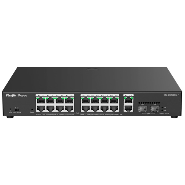 REYEE RG-ES220GS-P Reyee Switch PoE Cloud Gestionable - 16 PoE 802.3af/at + 2 SFP + 2 uplink RJ45 - 18 RJ45 10/100/1000Mbps + 2