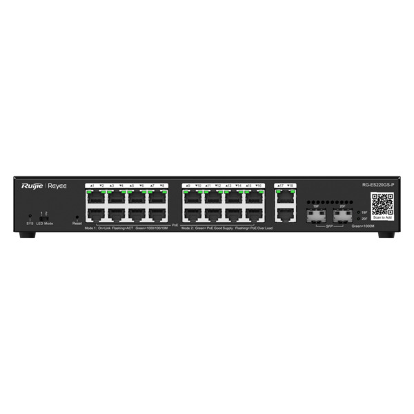 REYEE RG-ES220GS-P Reyee Switch PoE Cloud Gestionable - 16 PoE 802.3af/at + 2 SFP + 2 uplink RJ45 - 18 RJ45 10/100/1000Mbps + 2 (1)