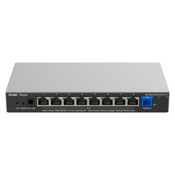 REYEE RG-NBF2100S-8GT1SC-P Reyee E-Lighten Switch PoE Cloud Capa 2 - 8 puertos RJ45 Gigabit 802.3af/at - 1 Puerto óptico SC 1G