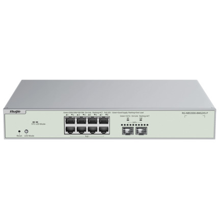 Comprar REYEE RG-NBS3300-8MG2XS-P Reyee Switch PoE Cloud Capa 2 - 8 puertos PoE MultiGigabit+ 2 10Gbps SFP+ -  PoE 802.3af/at Máximo 240W - Static LAG/DHCP Snoop/IGMP Snoop/Port Mirror - VLAN/Port Isolation/STP/RSTP/ACL/QoS - Enrackable
