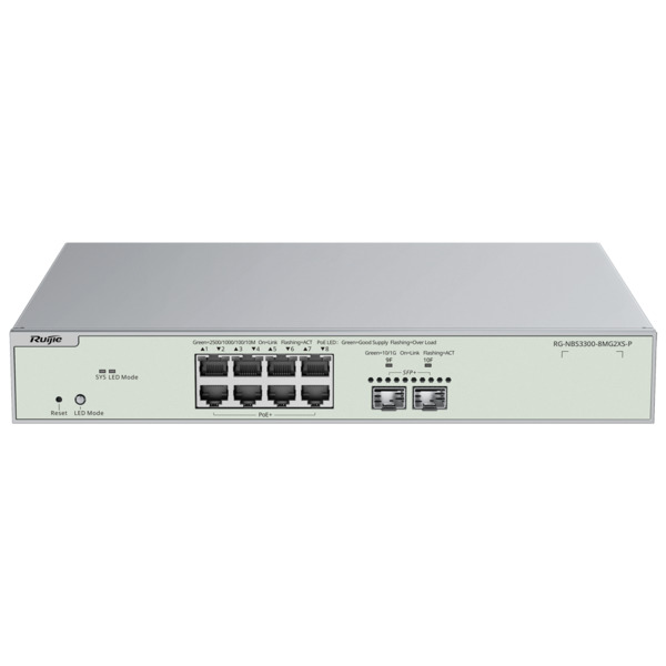 REYEE RG-NBS3300-8MG2XS-P Reyee Switch PoE Cloud Capa 2 - 8 puertos PoE MultiGigabit+ 2 10Gbps SFP+ - PoE 802.3af/at Máximo 240