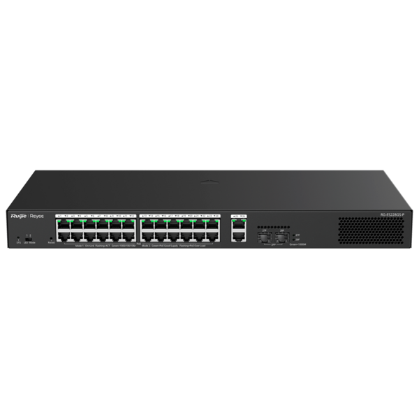 Reyee Switch PoE Cloud Gestionable - 24 PoE 802.3af/at + 2 SFP + 2 uplink RJ45 - 26 RJ45 10/100/1000Mbps + 2 SFP 10/100/1000 - 3