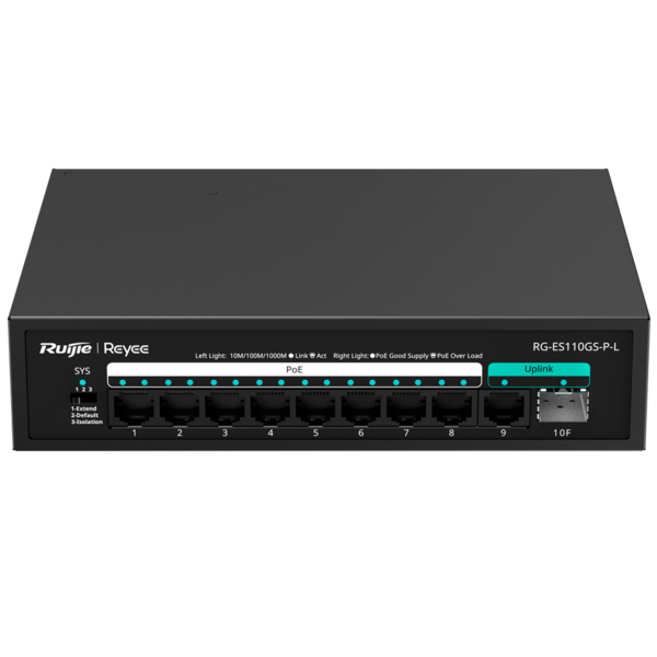 Reyee Switch PoE Sobremesa - 8 Puertos RJ45 + 1 Uplink RJ45 + 1 Uplink SFP - 8 Puertos Gigabit + 2 Puertos Gigabit - 8 Puertos P