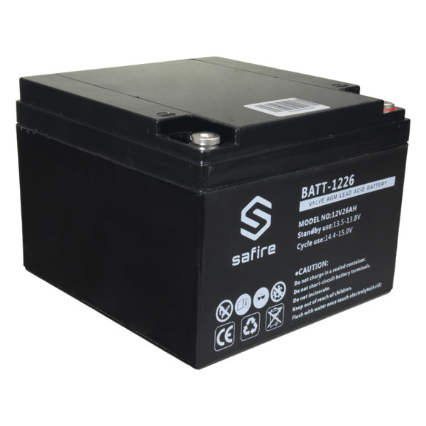 SAFIRE BATT-1226 Batería recargable - Tecnología plomo ácido AGM - Voltaje 12 V - Capacidad 26 Ah - 182 x 166 x 126 mm / 8400 g (1)