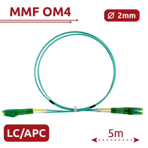 SAFIRE SF-LC-APC-LC-APC-OM4-DX-5M-A Cable de conexión de fibra óptica - Fibra multimodo OM4 - Conector LC APC dúplex - Longitud