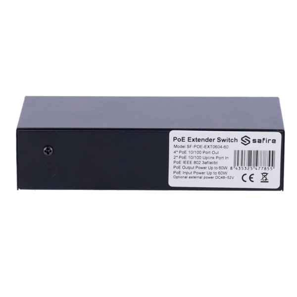 SAFIRE SF-POE-EXT0604-60 Safire Indoor Hi-PoE Extender Switch - Amplía alcance alimentación PoE - 4 puertos PoE + 2 Uplink RJ45 (5)