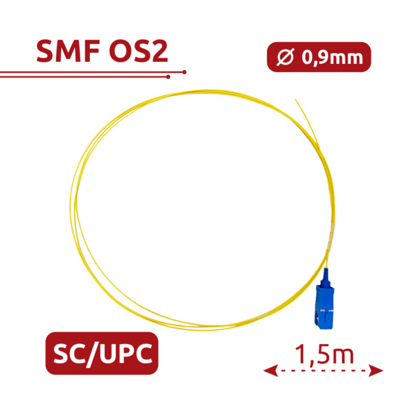 SAFIRE SF-SC-UPC-OS2-0015M-D09-Y Pigtail de fibra óptica - Fibra monomodo OS2 - Conector SC UPC simplex - Longitud 1.5m - Cubier
