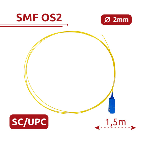 SAFIRE SF-SC-UPC-OS2-0015M-D20-Y Pigtail de fibra óptica - Fibra monomodo OS2 - Conector SC UPC simplex - Longitud 1.5m - Cubier