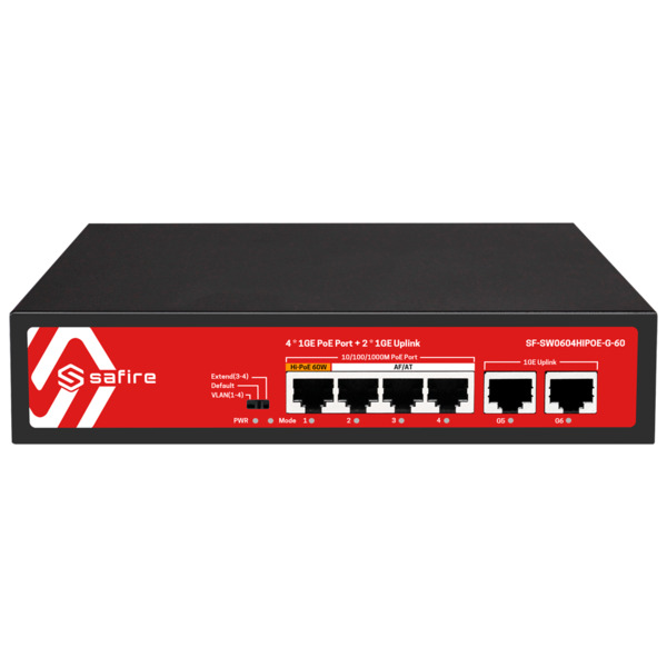 SAFIRE SF-SW0604HIPOE-G-60 Safire Switch PoE - 4 puertos PoE + 2 Uplink RJ45 - Velocidad de puertos 10/100/1000 Mbps - 4 Puertos