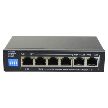 Comprar SAFIRE SF-SW0604POE-G-60 Switch PoE - 4 puertos PoE + 2 Uplink RJ45 - Velocidad hasta 1000 Mbps en todos los puertos - Hasta 60W en total para todos los puertos - Ancho de banda 12 Gbps - Norma IEEE802.3af (PoE) / at (PoE+)