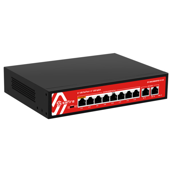 SAFIRE SF-SW1008HIPOE-G-115 Safire Switch Hi-PoE - 8 puertos PoE + 2 Uplink RJ45 - 10x 10/100/1000Mbps - 7 Puertos PoE+ 30W + 1 (1)