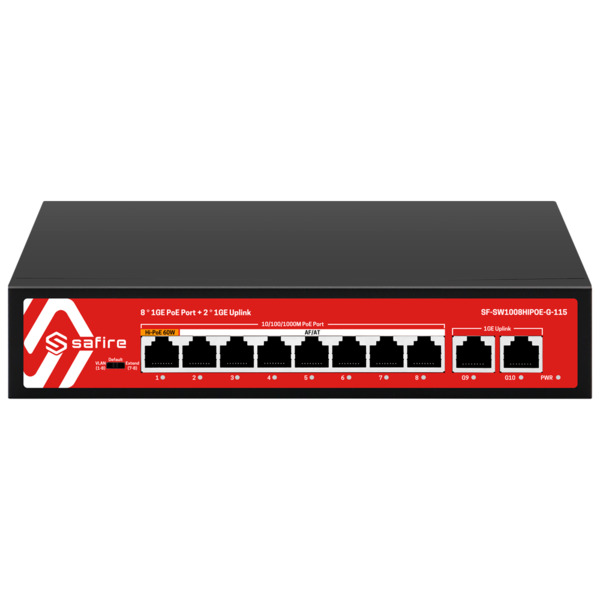 SAFIRE SF-SW1008HIPOE-G-115 Safire Switch Hi-PoE - 8 puertos PoE + 2 Uplink RJ45 - 10x 10/100/1000Mbps - 7 Puertos PoE+ 30W + 1