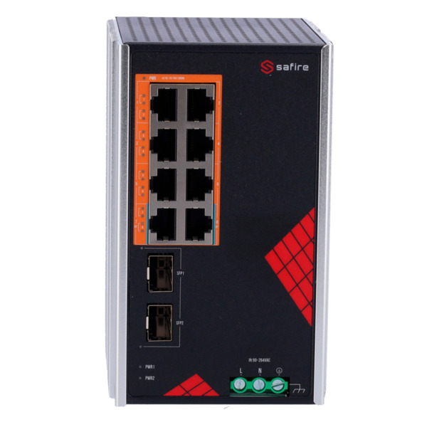 SAFIRE SF-SWI1008HIPOE-GF-AC-130-DIN Safire Switch Industrial Alimentación AC y DC - 8 puertos Gigabit + 2 SFP Gigabit - 6 Puert (1)
