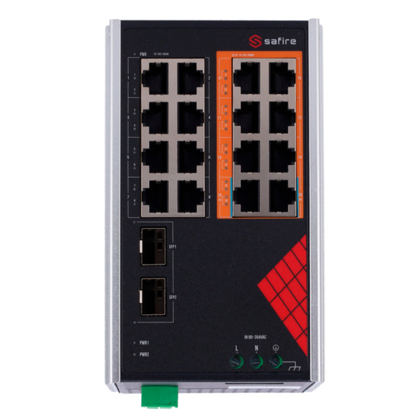 SAFIRE SF-SWI1808HIPOE-GF-AC-130-DIN Safire Switch Industrial Alimentación AC y DC - 16 puertos Gigabit + 2 SFP Gigabit - 6 Puer (1)