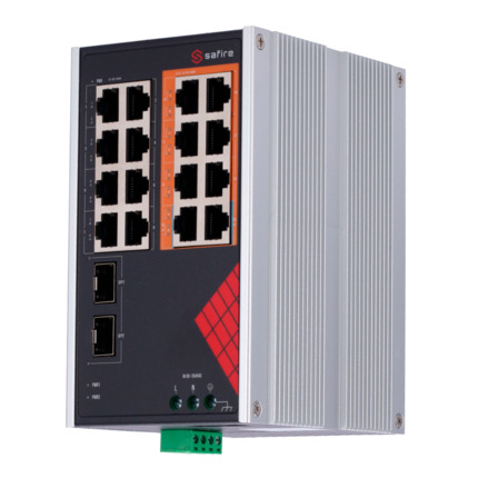 Comprar SAFIRE SF-SWI1808HIPOE-GF-AC-130-DIN Safire Switch Industrial Alimentación AC y DC - 16 puertos Gigabit + 2 SFP Gigabit - 6 Puertos PoE+ 30W + 2 Puertos Hi-PoE 60W - PoE Watchdog - Hasta 130W Potencia PoE total - Instalación carril DIN