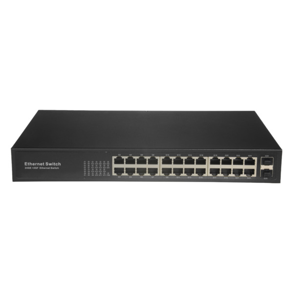 SAFIRE SW2624GT-2GF Switch - 24 puertos RJ45 + 2 SFP GIGA - Velocidad de puertos 10/100/1000 Mbps - Máximo 20W - Plug &