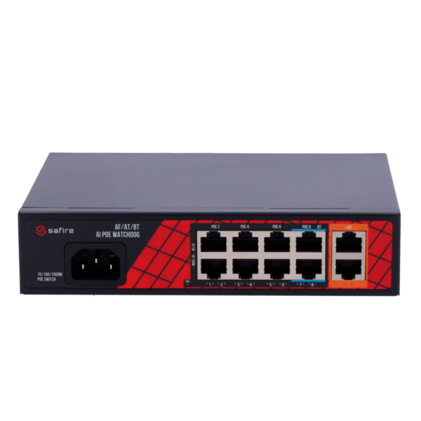 Safire Switch Hi-PoE - 8 puertos PoE + 2 Uplink RJ45 - Hibrido 8x10/100Mbps + 2x10/100/1000Mbps - 6 Puertos PoE+ 30W + 2 Puertos