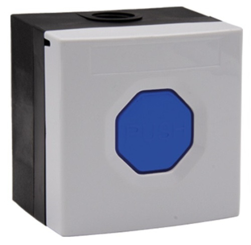 STI WSS3 7B04 Pulsador WSS3. Carcasa blanca, botón azul. Enclavable.