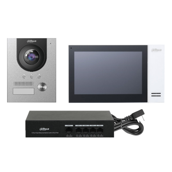 Kit de videoportero IP Dahua compuesto por: 1x videoportero IP DHI-VTO2201F-P. 1x monitor IP DAHUA-2031 (VTH2421FW-P). 1x switch