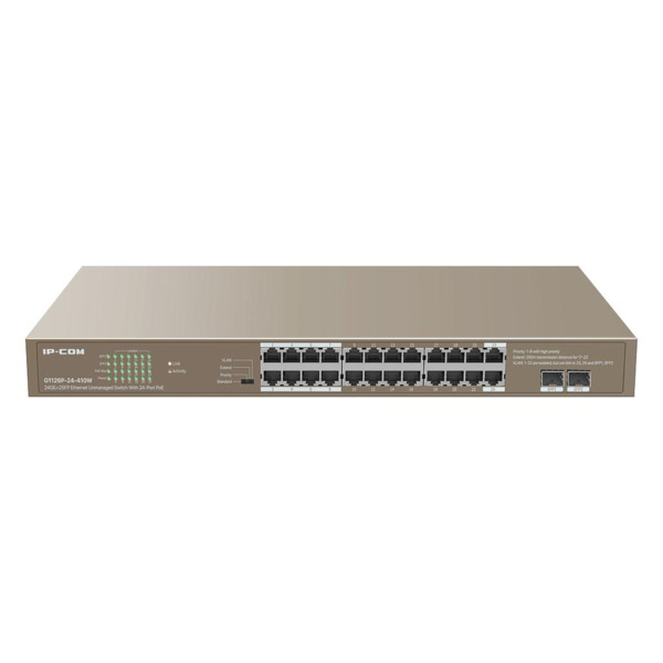 Switch 24 puertos PoE Gigabit + 2 puertos SFP no gestionable enracable L2 IP-COM