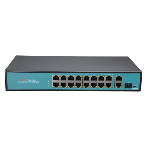 Switch PoE - 16 puertos PoE + 2 Uplink GIGA + 1 SFP - Velocidad de puertos 10/100 Mbps - 65W puerto 1 / 30W puerto 2-16 / Máximo