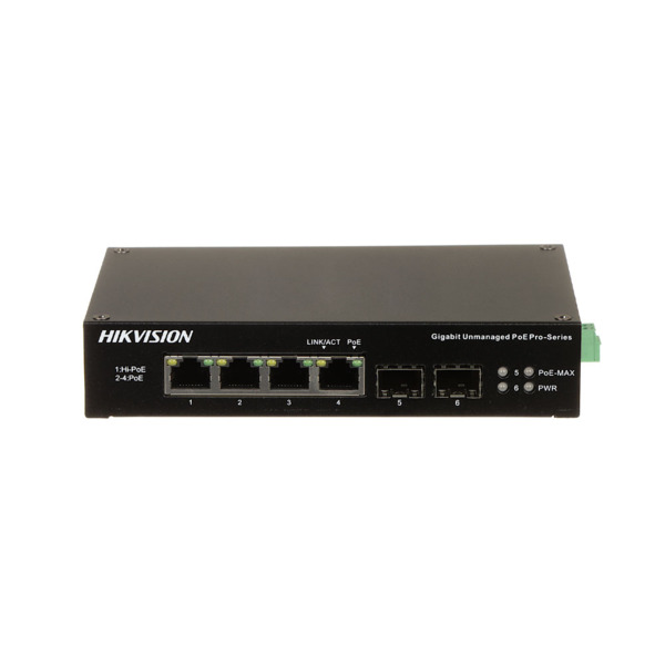 Switch PoE no gestionable HIKVISION. 4 puertos PoE Gigabit. 2 puertos SFP Gigabit. Entrega PoE total de 60W. Soporta PoE 802.3af