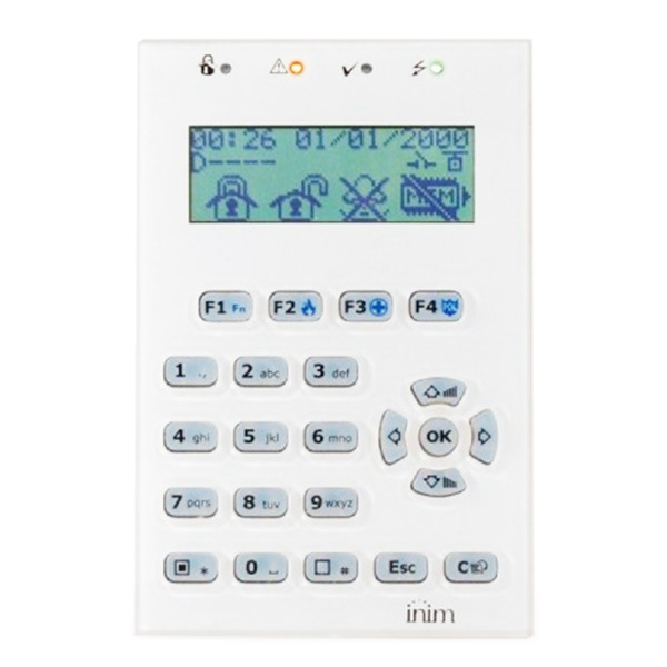 Teclado LCD. 4 leds. 1 terminal I/O. Sensor de luminosidad. Para centrales PRIME. Color Blanco