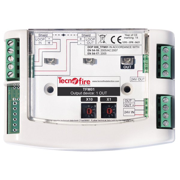 TECNOFIRE TF-TFM01 Módulo direccionable 1 salida - 2 modalidades de tipo salida: contacto o OC - 2 criterios de funcionamiento: