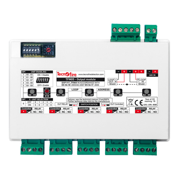 TECNOFIRE TF-TFM05-LP Módulo direccionable 5 salida - 2 modalidades de tipo salida: contacto o OC - 2 criterios de funcionamient