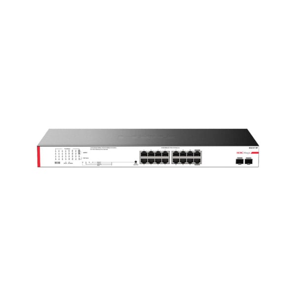 Switch PoE H3C Magic BS218F-HP. 16 puertos PoE+ Gigabit. 2 ranuras SFP Gigabit. Modos de trabajo estándar, aislamiento, agregaci