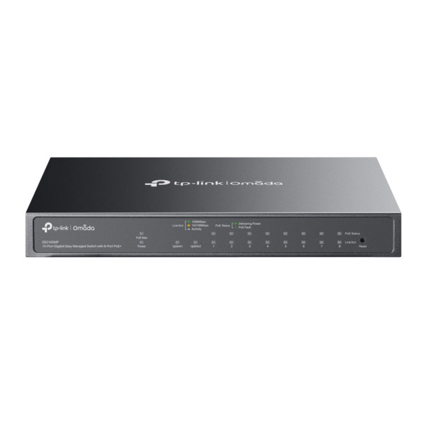 TP-Link TPLINK-135 ES210GMP Switch Omada by TP-Link. 9 puertos Ethernet Gigabit (de los cuales 8 admiten PoE+). 1 puerto combo S