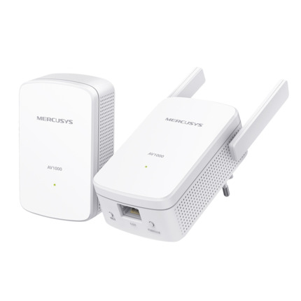 Comprar TP-Link TPLINK-184 MP510 KIT Kit Powerline Mercusys AV1000 con Wi-Fi 300 Mbps. Incluye MP510 (Wi-Fi) y MP500 (solo red eléctrica). Extensión de red por circuito eléctrico sin cableado adicional. Botón Wi-Fi Clone, puerto Gigabit, seguridad WPA3,