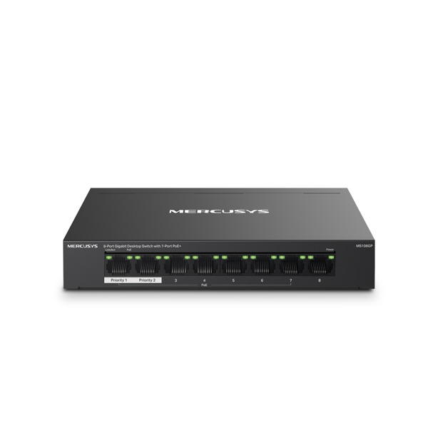 TP-Link TPLINK-202 MS108GP Switch PoE Mercusys MS108GP. 8 puertos RJ45 10/100/1000 Mbps, 7 con entrega PoE+ de hasta 30?W por pu