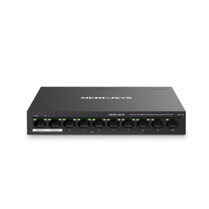 Comprar TP-Link TPLINK-203 MS110P Switch PoE Mercusys MS110P. 10 puertos RJ45 10/100 Mbps, 8 con entrega PoE+ de hasta 30?W por puerto (65?W totales). Modos Extend e Isolation para mayor alcance y segmentación. Capacidad de conmutación de 2 Gbps. Tabla M