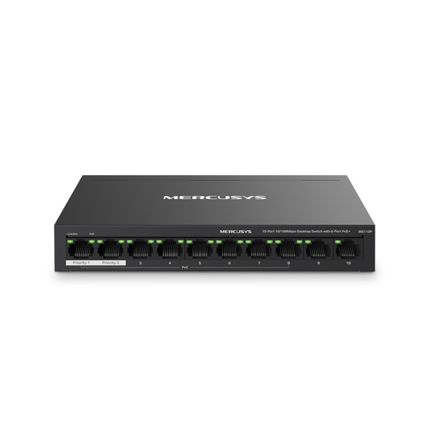 TP-Link TPLINK-203 MS110P Switch PoE Mercusys MS110P. 10 puertos RJ45 10/100 Mbps, 8 con entrega PoE+ de hasta 30?W por puerto (