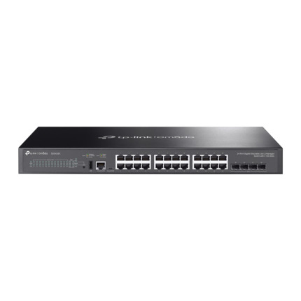 Comprar TP-Link TPLINK-223 SG5428X Switch gestionable L3 TP-Link Lite. 24 puertos RJ45 Gigabit y 4 ranuras SFP+ 10G. Apilamiento físico hasta 4 unidades con 80 Gbps. Enrutamiento estático, OSPF, RIP. VLAN, QoS, ACL, DHCP, PoE passthrough y protección ava