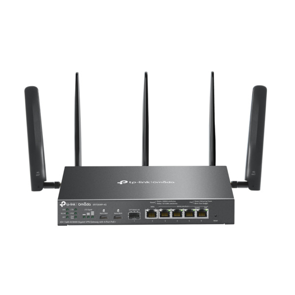 TP-Link TPLINK-232 ER706WP-4G Router VPN 4G+ TP-Link Omada. 4G+ Cat6 hasta 300 Mbps. Wi-Fi 6 AX3000 con 2402 Mbps en 5 GHz y 574