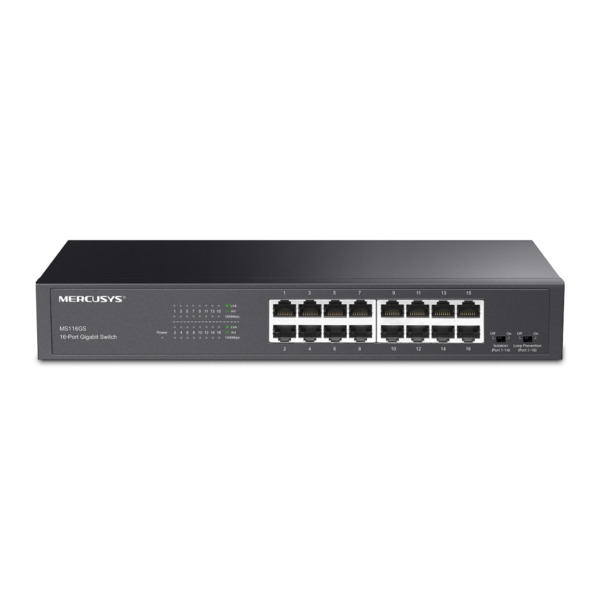 TP-Link TPLINK-250 MS116GS Switch gigabit TP-Link Mercusys de 16 canales. 16 puertos RJ45 10/100/1000 Mbps. Capacidad de conmuta