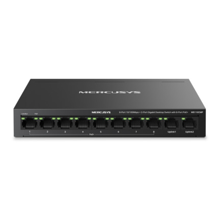 Comprar TP-Link TPLINK-254 MS110CMP Switch PoE Fast Ethernet TP-Link Mercusys de 10 canales. 8 canales PoE+ 10/100 Mbps y 2 canales Gigabit uplink. Presupuesto PoE total de 115 W con hasta 30 W por canal. Modo extendido hasta 250 m y aislamiento de tráfi
