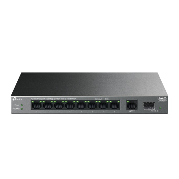 TP-Link TPLINK-264 LS1210GP Switch no gestionable PoE+ TP-Link LiteWave. 9 puertos Gigabit y 1 SFP. 8 puertos PoE+ de 61 W. Modo