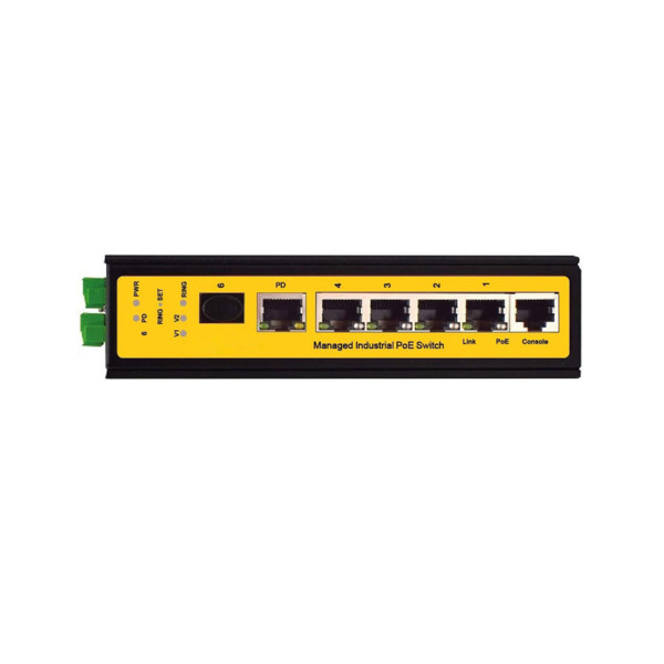 Switch PoE gestionable L2 de gama industrial. 4 puertos PoE 10/100/1000Mbps. 1 puerto SFP de 1000Mbps. 1 puerto consola. 2 PoE d