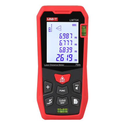 Comprar UNI-TREND LM70A Medidor láser de distancia - Rango de hasta 70 m con precisión milimétrica - Medición de longitud, área, volumen - Diseño ergonómico y confortable - Almacenamiento de hasta 99 conjuntos de datos - Contiene nivelador de burbuja