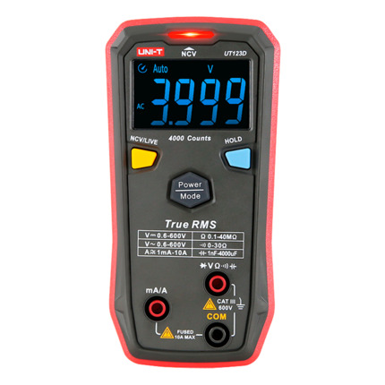 Comprar UNI-TREND UT123D Multímetro digital de bolsillo - Medición de voltaje en DC y AC hasta 600V - Medición de intensidad en DC y AC hasta 10A - Medición de resistencia y capacitancia - True RMS | Función NVC - Buzzer para test de continuidad