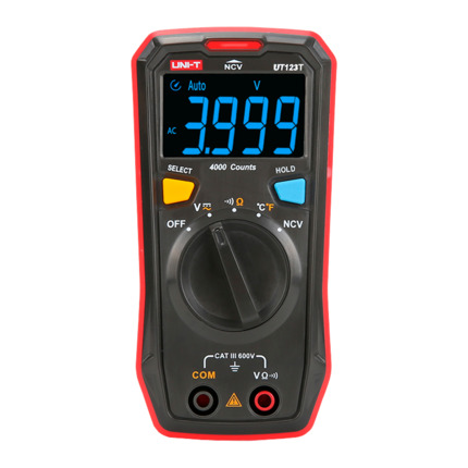 Comprar UNI-TREND UT123T Multímetro digital de bolsillo - Medición de voltaje en DC y AC hasta 600V - Medición de temperatura - Medición de resistencia - Función NVC - Buzzer para test de continuidad