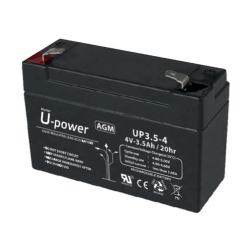 Upower - Batería recargable - Tecnología plomo ácido AGM - Voltaje 4 V - Capacidad 3.5 Ah - 65 x 90 x 34 / 420 g - Para respaldo