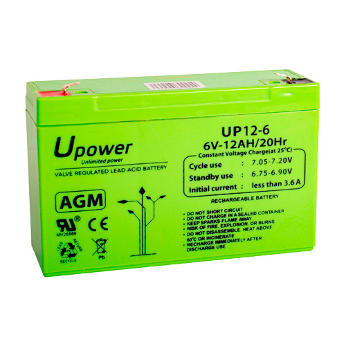 Upower - Batería recargable - Tecnología plomo ácido AGM - Voltaje 6 V - Capacidad 12.0 Ah - 100 x 151 x 51 / 1800 g - Para resp