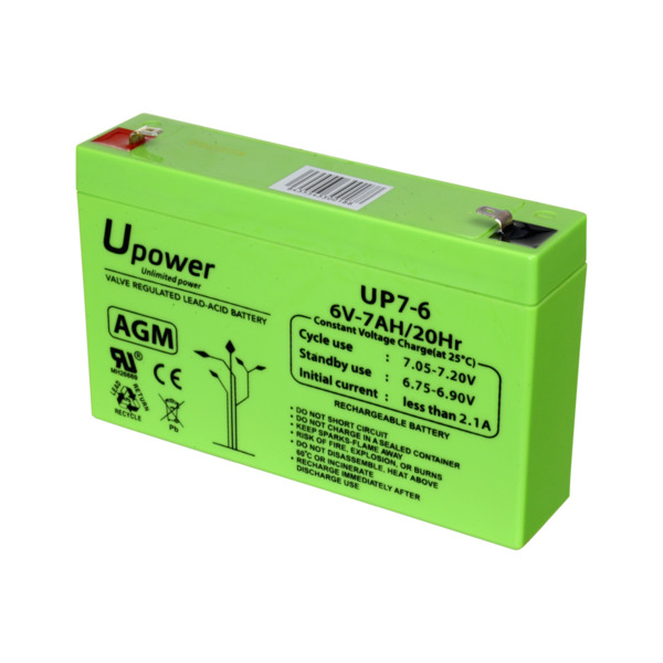 Upower - Batería recargable - Tecnología plomo ácido AGM - Voltaje 6 V - Capacidad 7.0 Ah - 100 x 151 x 34 / 1150 g - Para respa